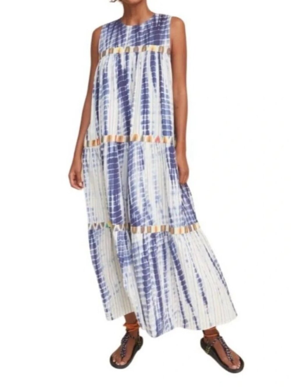WARM Mezcal Maxi Dress Cotton Gauze Blue Ikat Tie Dye Tank Sundress Summer 1 S